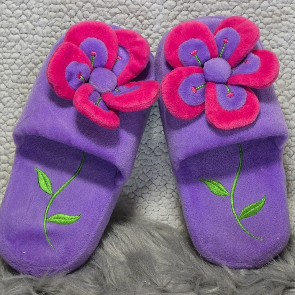 Womens Girls Flower Power Plush Slippers Purple Embroidered Size Small 5 / 6